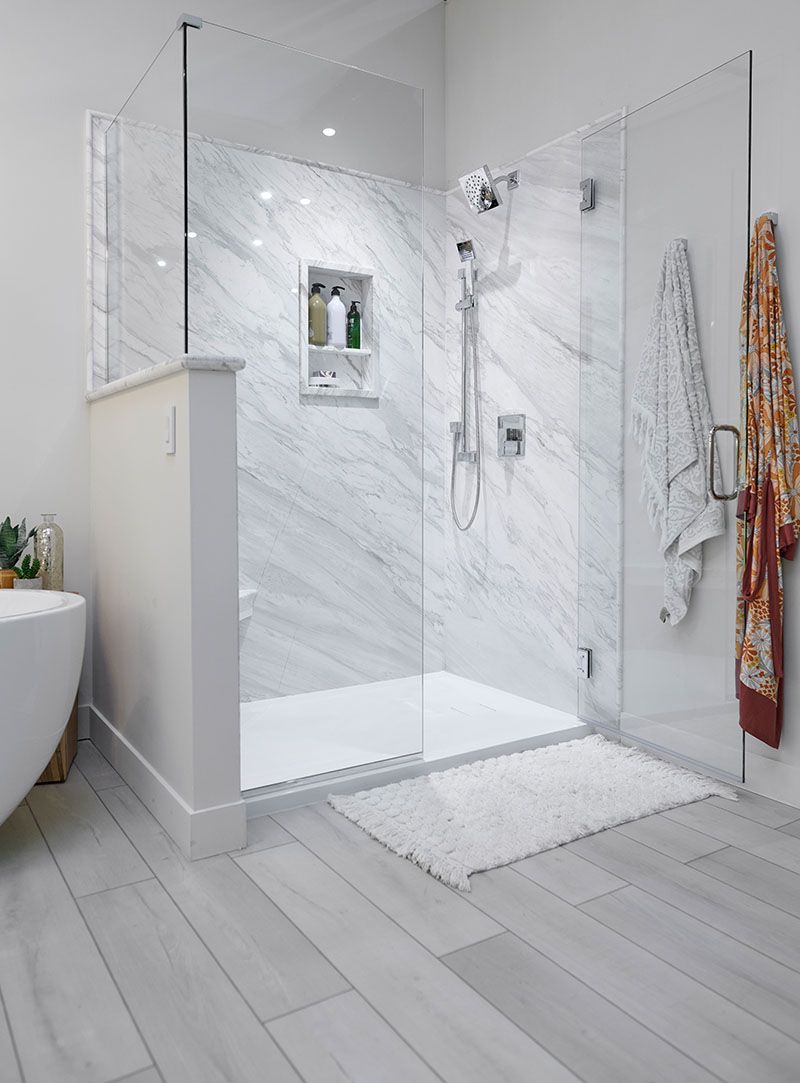 Modern bathroom remodel with a tiled walk-in shower