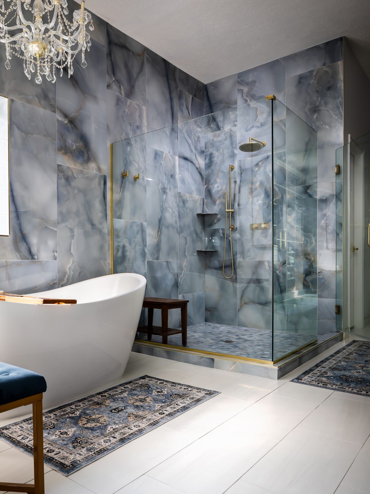 Bright modern bathroom with glass walk-in shower