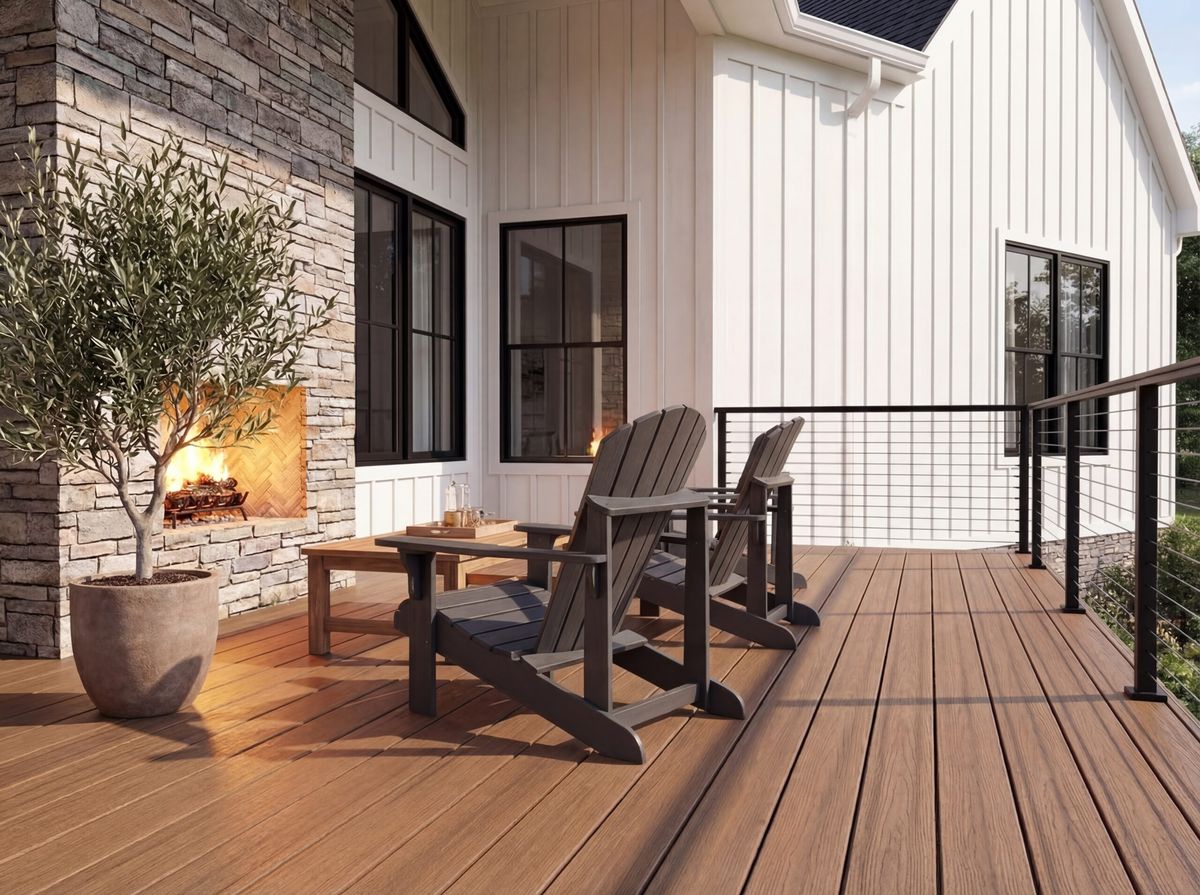 Spacious composite backyard deck with railing