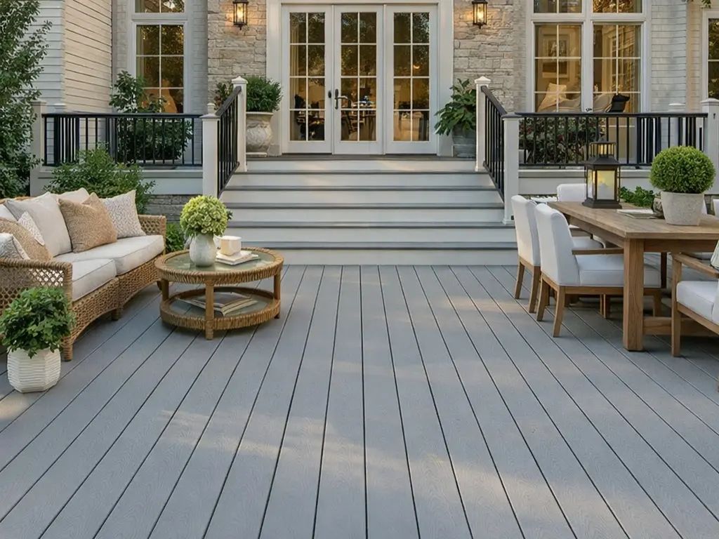Custom composite backyard deck with railing and outdoor living space